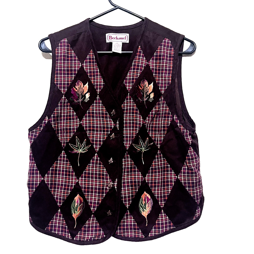 Vintage Bechamel Fall Vest Womens SZ M Embroidered Leaves Brown Argyle